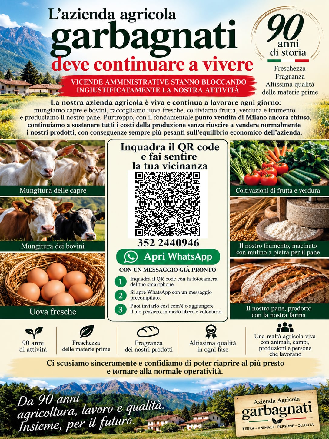 L'Azienda Agricola Garbagnati deve continuare a vivere: inquadra il QR code e fai sentire la tua vicinanza su WhatsApp